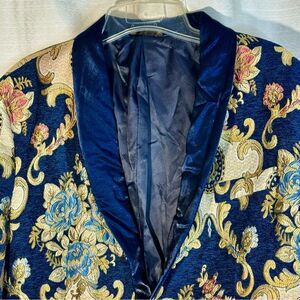 Kent & Park Blue and Gold Floral Blazer size 52R  solid sateen shawl collar